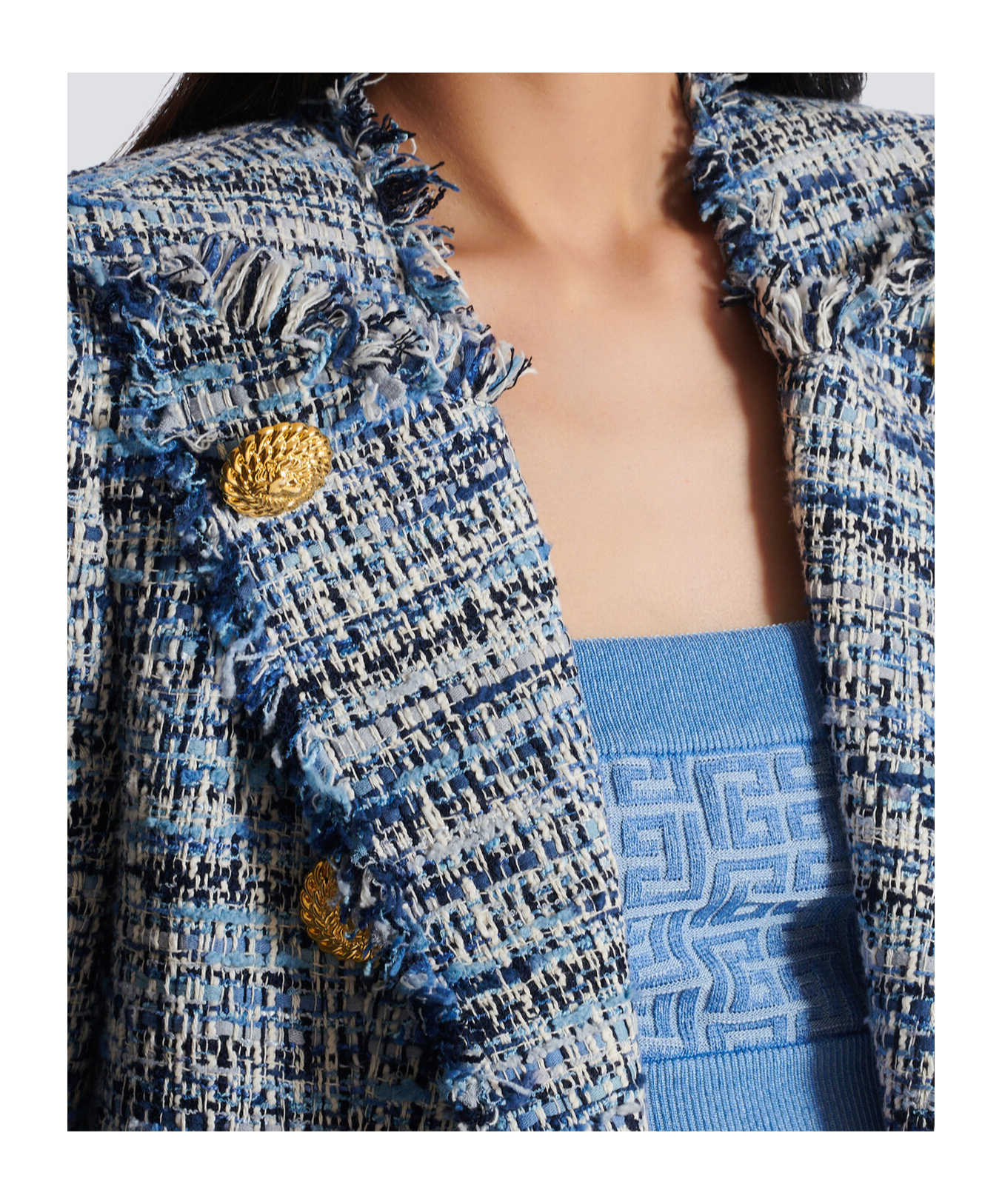 Balmain Spencer Button-embellished Frayed Cotton-blend Tweed Blazer In Gray