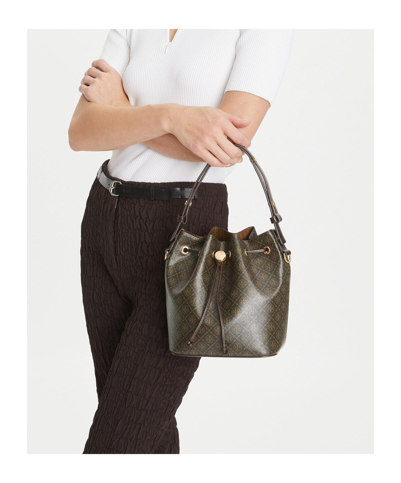 Shop Tory Burch T Monogram Bucket Bag In Brown