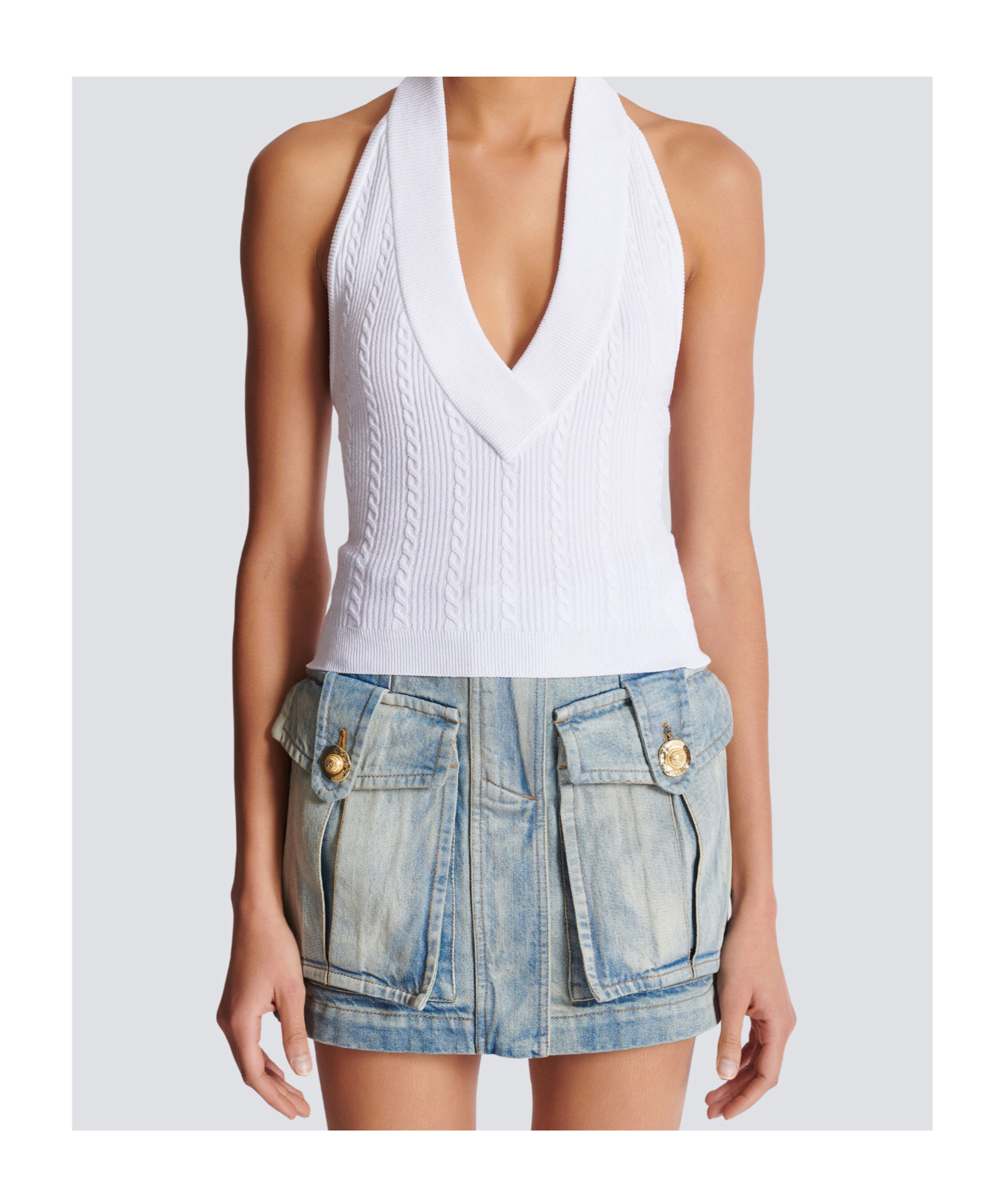 Balmain Cable-knit Halterneck Top In White