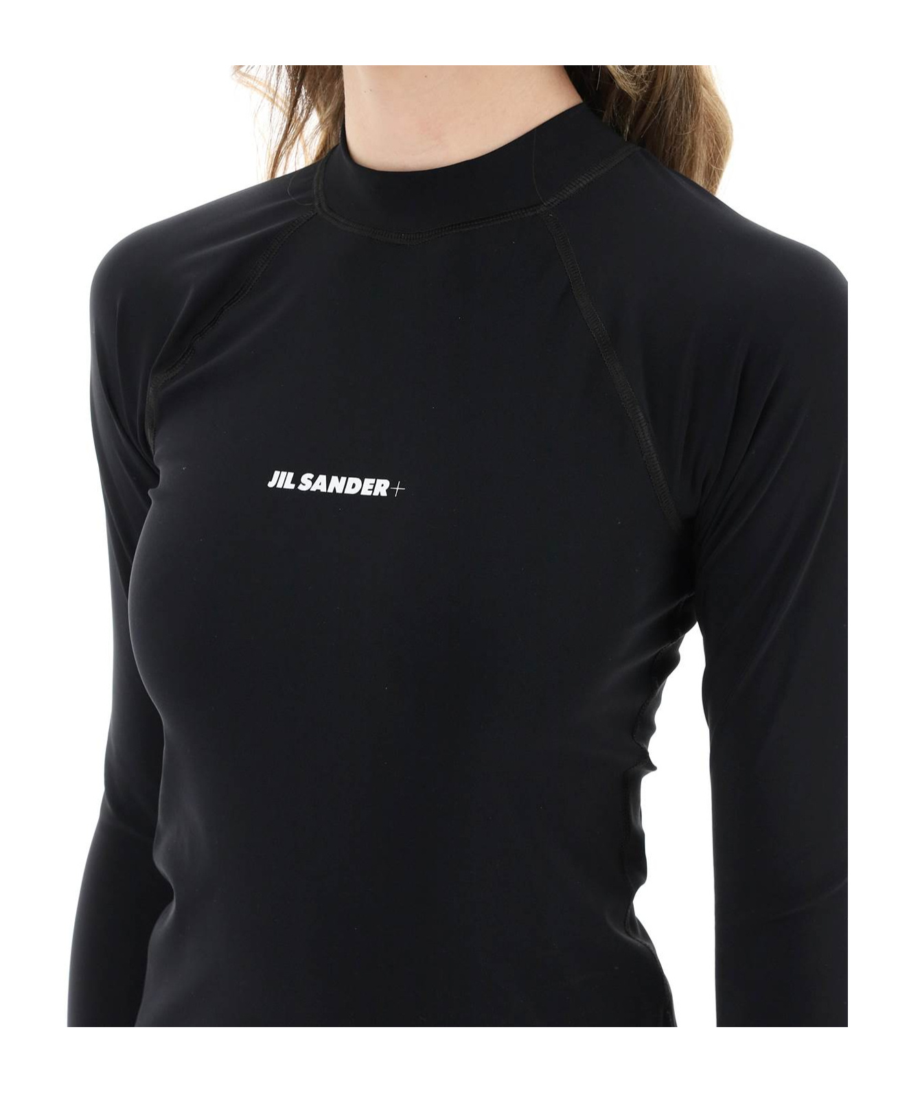 Jil Sander Long-sleeved Tech Fabric Top With Printed Logo In Black