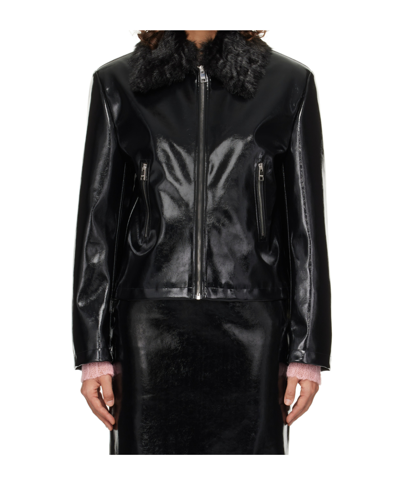 Msgm Black Patent Faux-leather Jacket In Black