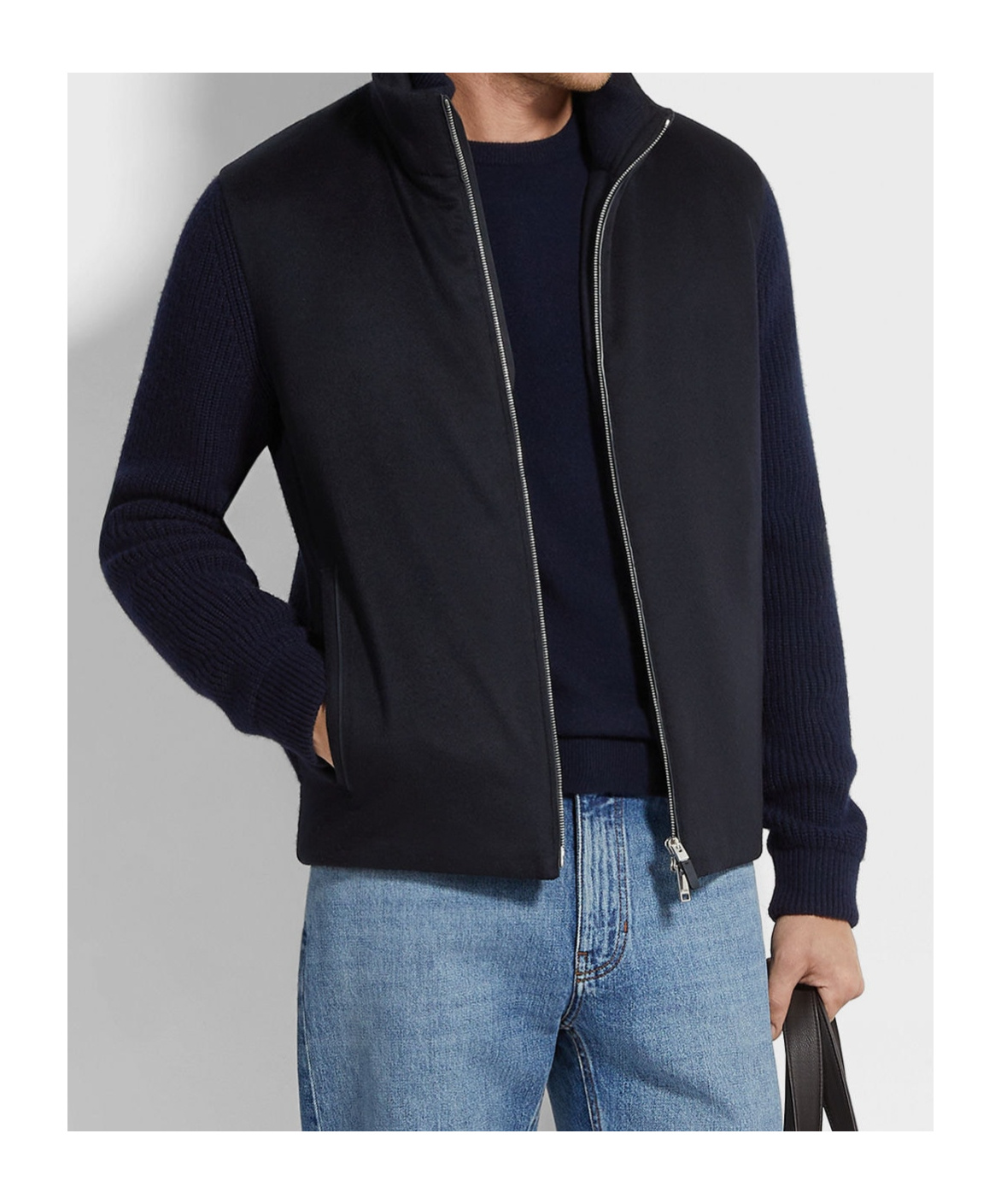 Zegna Panelled Zip-up Cardigan In Blue