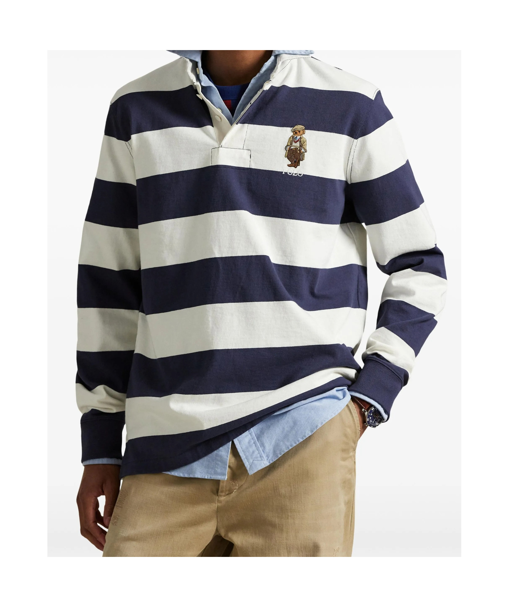 Polo Ralph Lauren Rugby Fit Blue And White Polo Shirt With Logo Embroidery On The Front And All-over Striped Motif In  In Multi