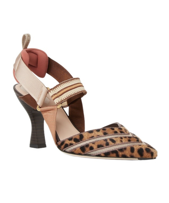 Fendi High-heeled Mesh And Multicolor Cavallino Calfskin Slingbacks In Brown