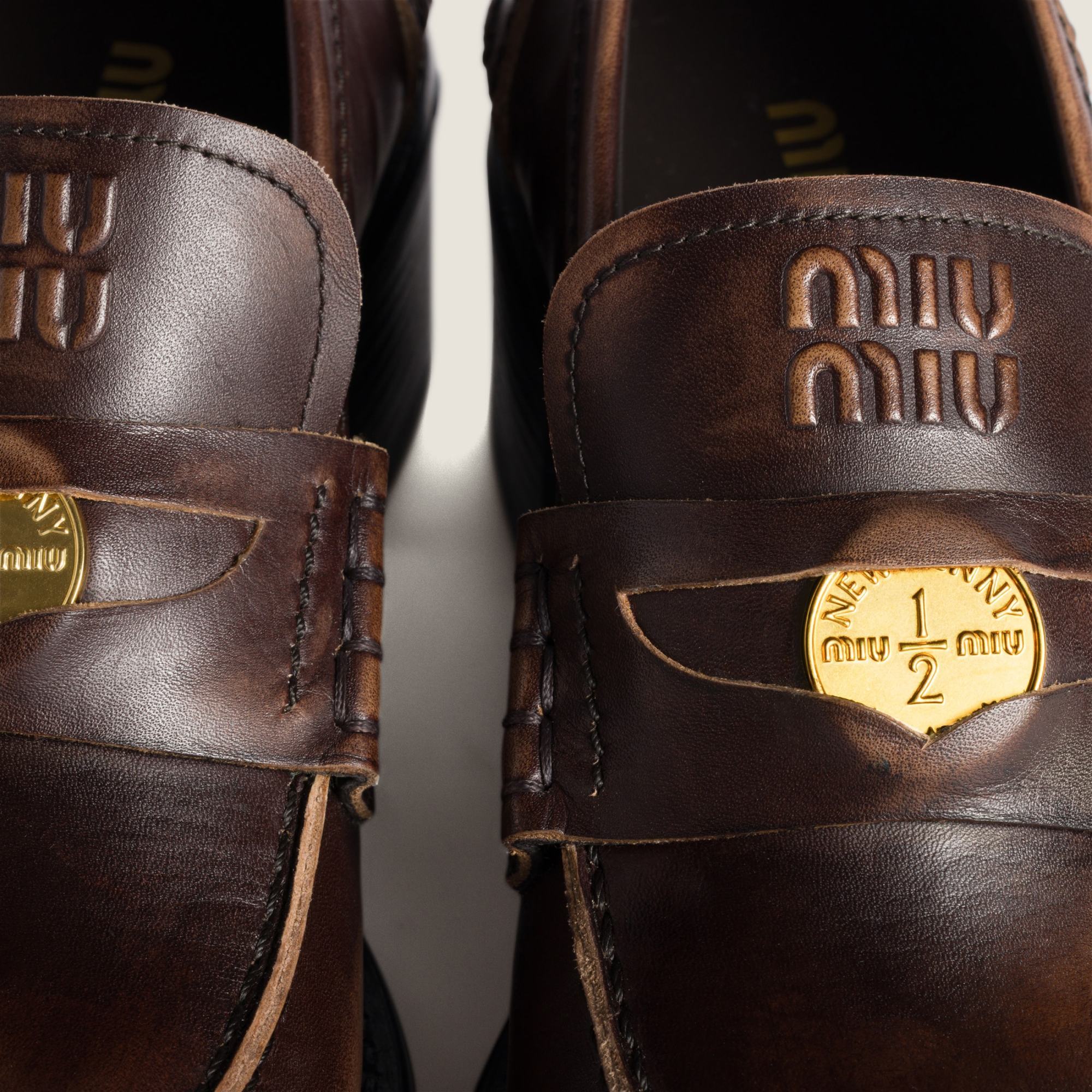 Miu Miu 50mm Leather Band Coin Loafers In Brown