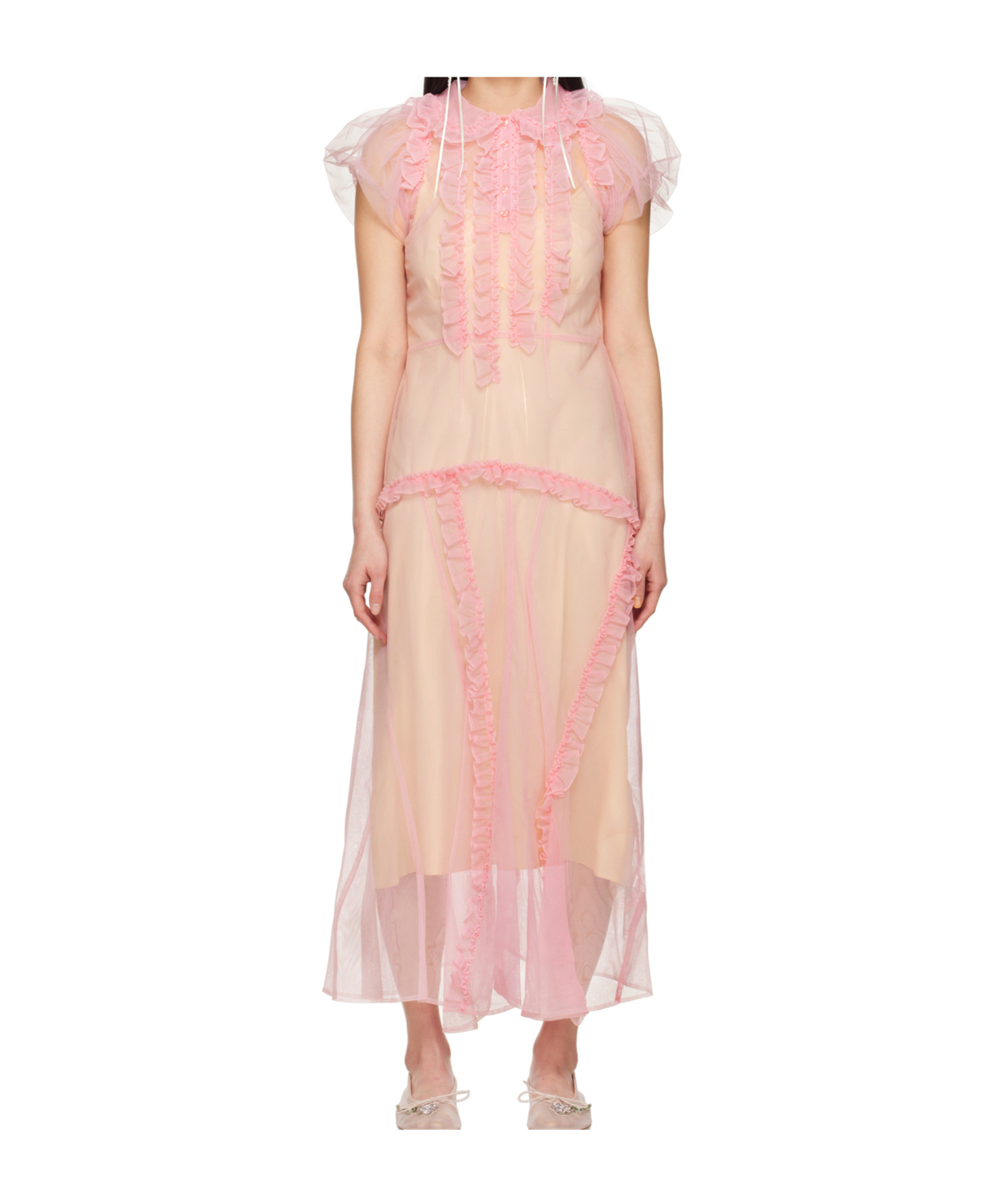 Simone Rocha Ruffled Sheer Tulle Midi Dress In Pink