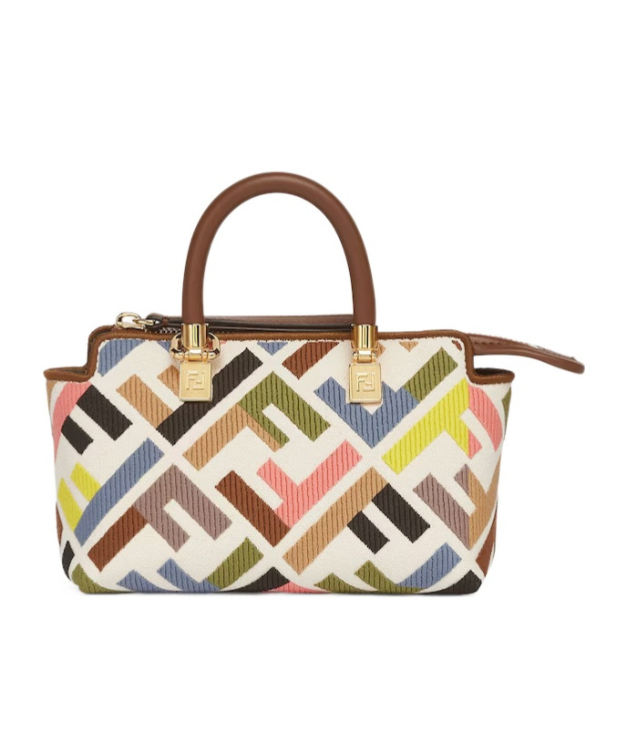 Fendi Mini Handbag Geometric Pattern Top Handle Gold-tone Hardware In Nude