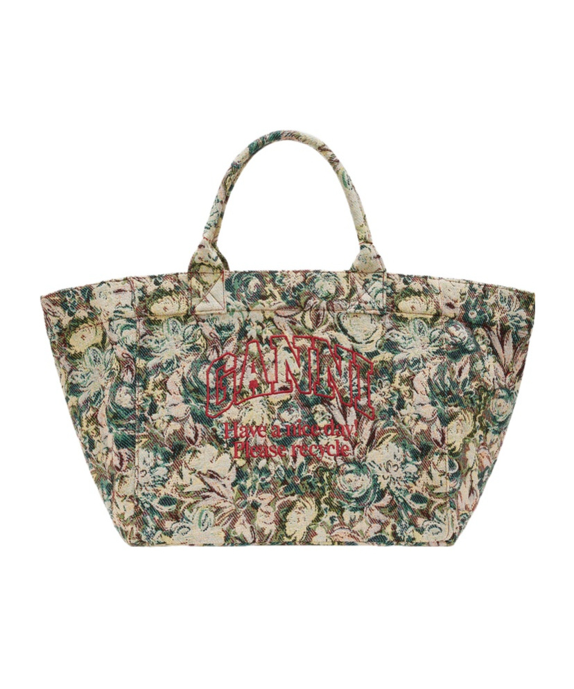 Ganni Large Floral-pattern Tapestry-effect Tote Bag In Brown