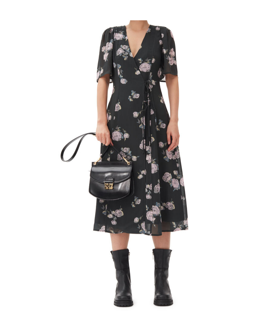 Ganni Floral-print Crepe Wrap Midi Dress In Black
