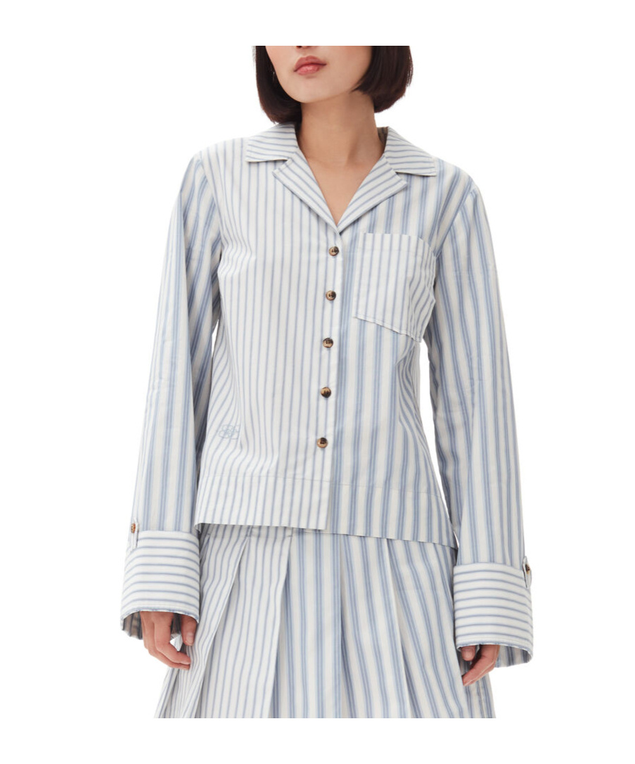 Ganni Stripe-print Cropped Poplin Shirt In White