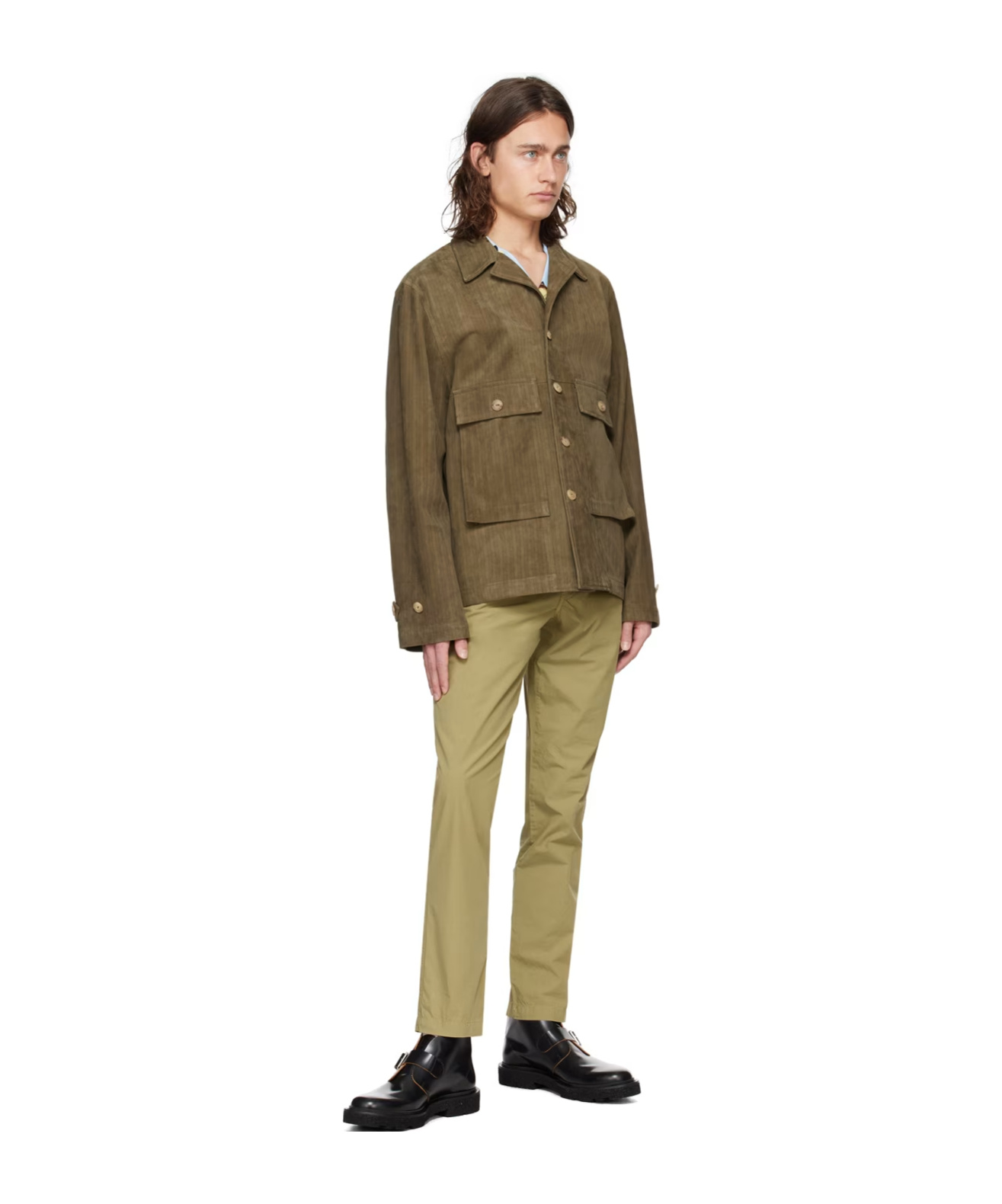 Paul Smith Long-sleeved Button Leather Jacket In Green