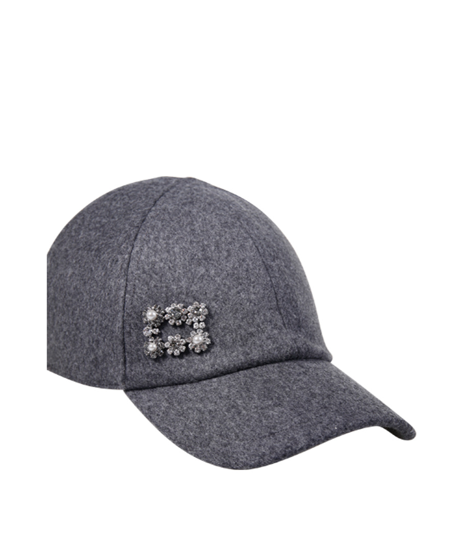 Roger Vivier Mini Flower Pearl Strass Wool Blend Cap In Gray