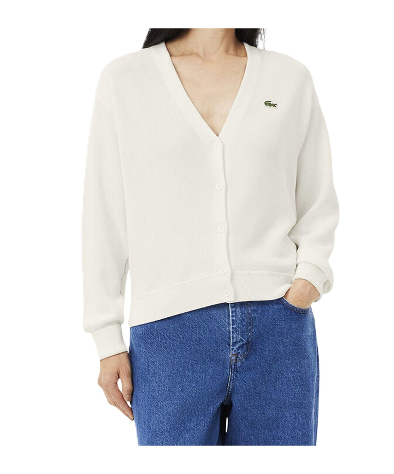 Lacoste Vneck Knit Cardigan In White