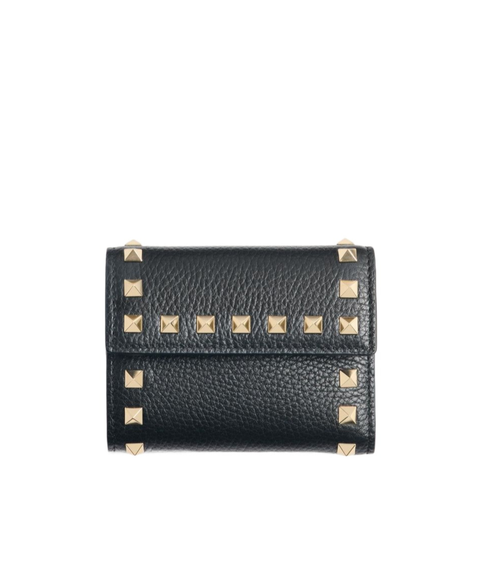 Valentino Garavani Rockstud Trifold Wallet In Grainy Calfskin Woman Black Uni In Black
