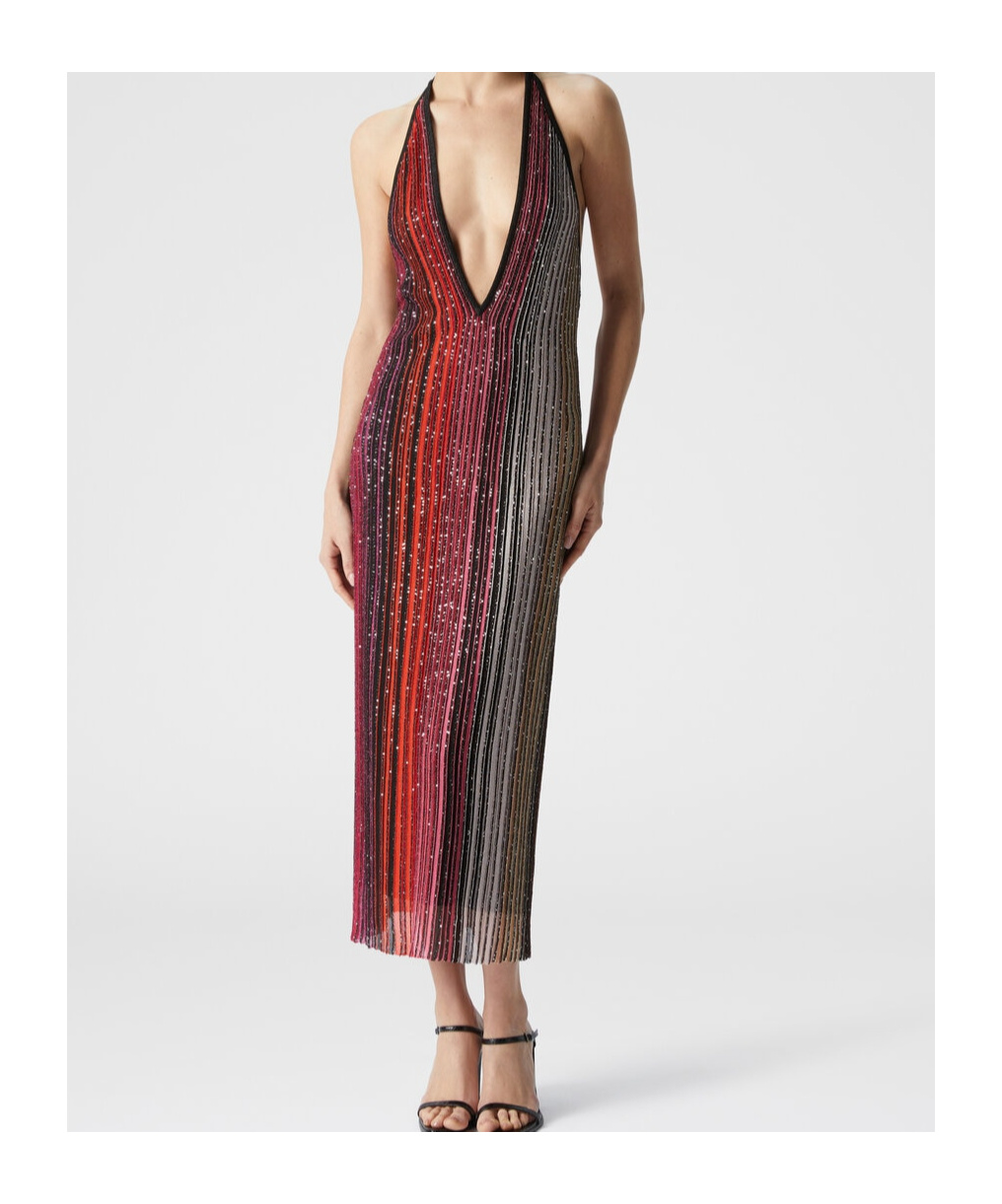 Missoni Striped Partialized Midi Dress With Sequins And V-neck In Black And Red