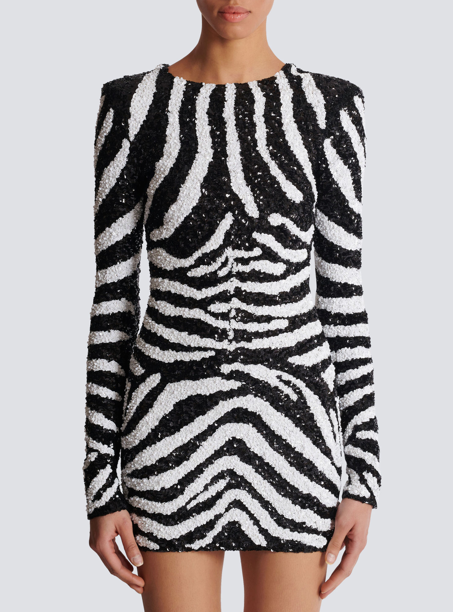 Shop Balmain Short Two-tone Zebra Sequin Dress In Black