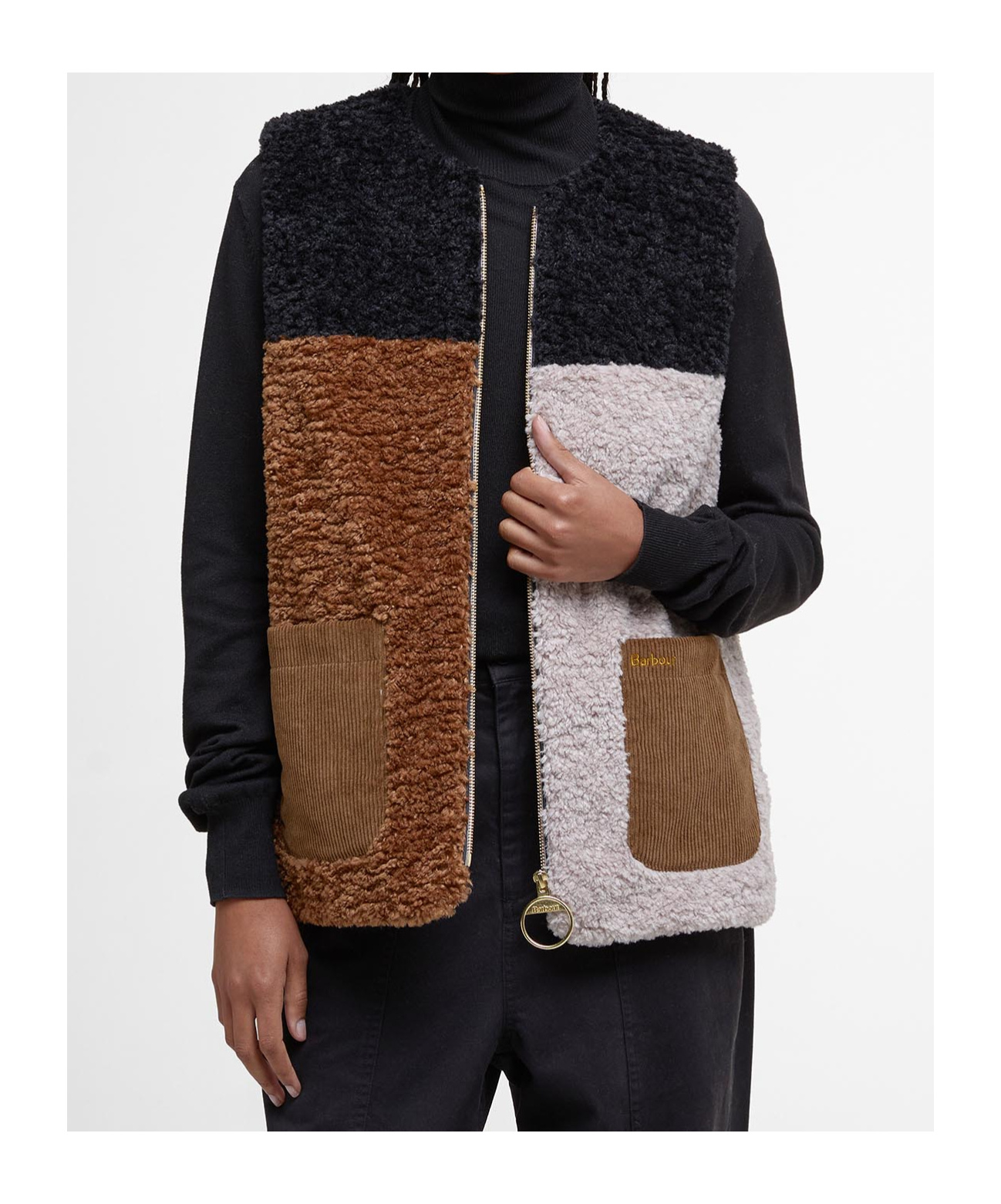 Barbour Patchwork Teddy Gilet In Brown