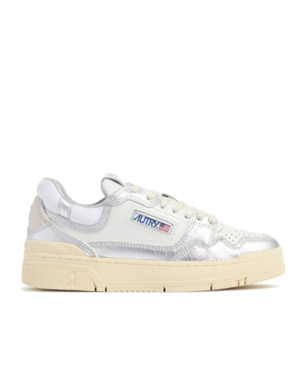 Autry Silver And White Low Top Sneakers With Logo Patch In Metallic Leather Woman