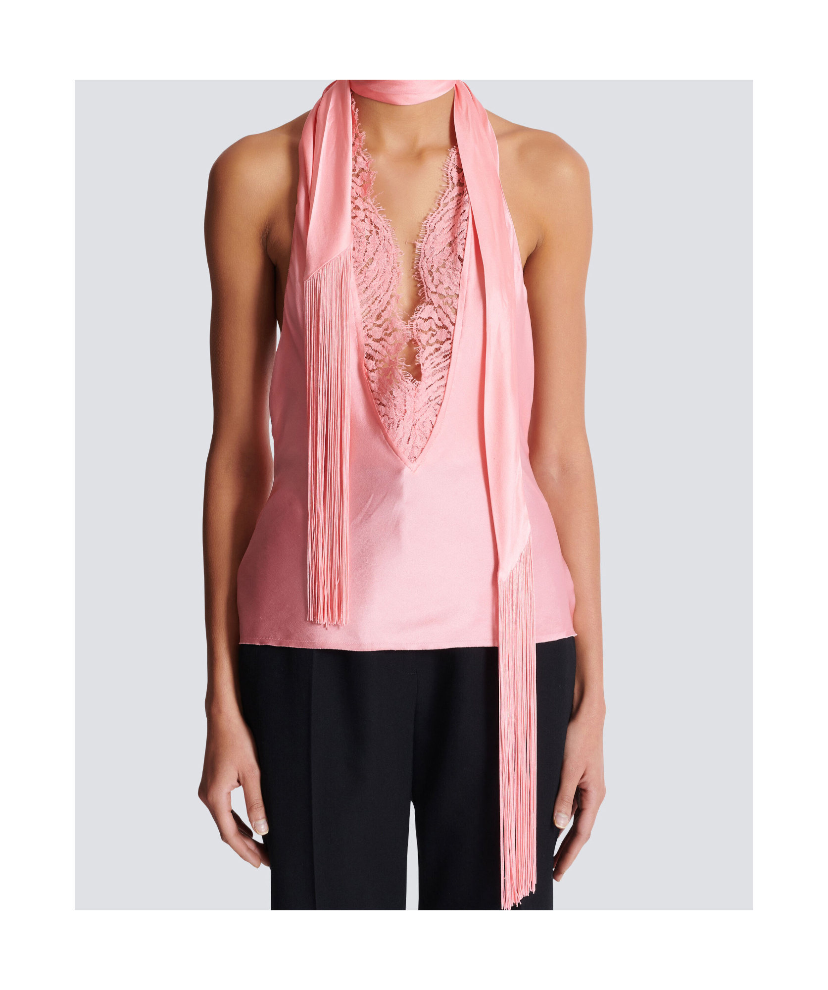 Balmain Backless Fringed Satin Top In Pink