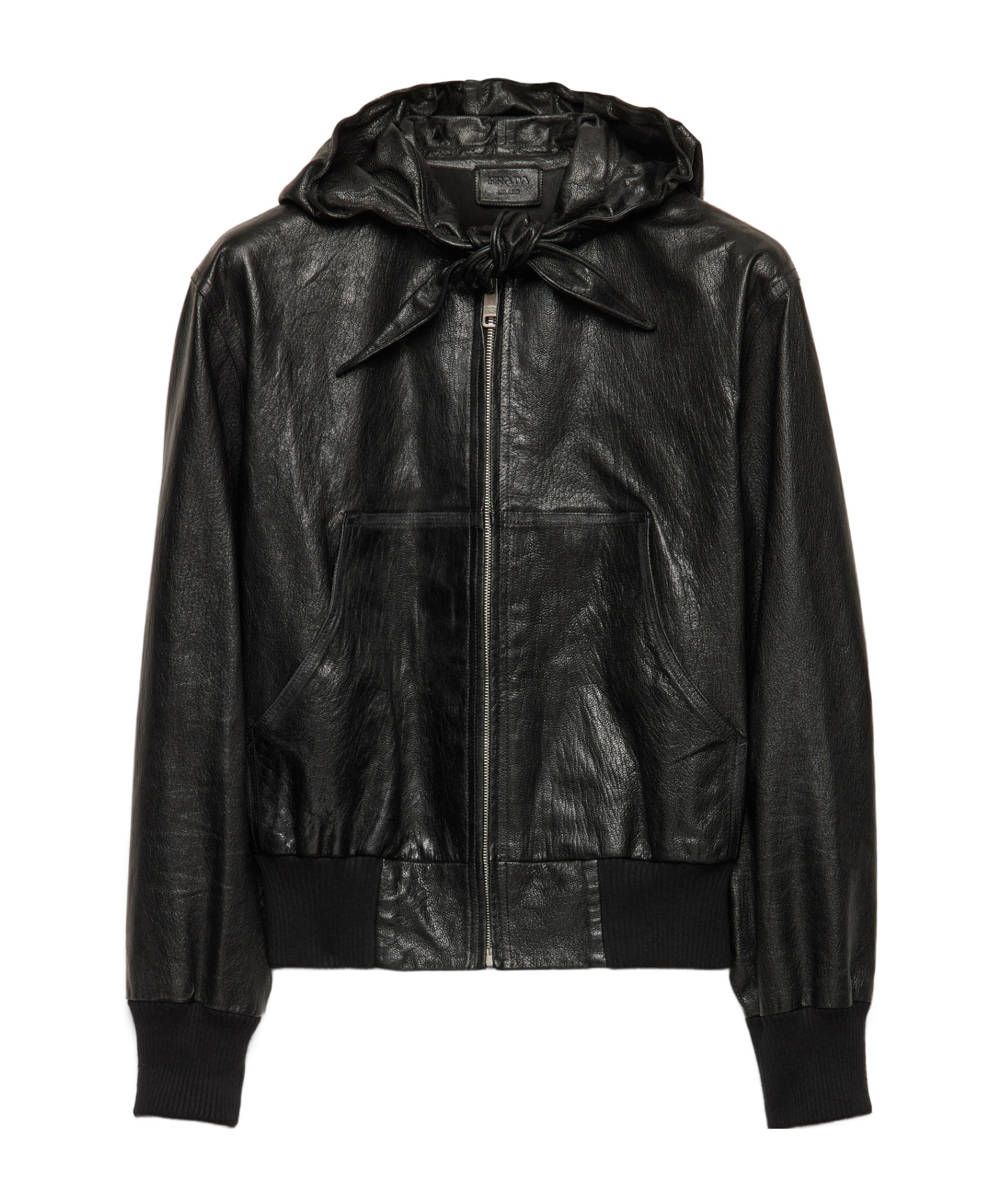 Prada Long-sleeved Hooded Leather Jacket In Black