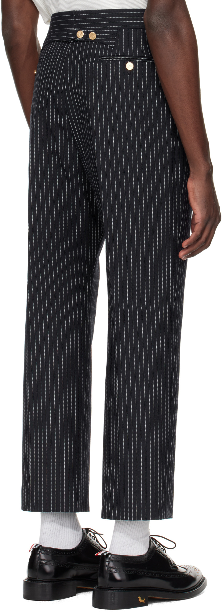 Thom Browne Navy Pinstripe High Twist Wool Backstrap Trousers In Blue