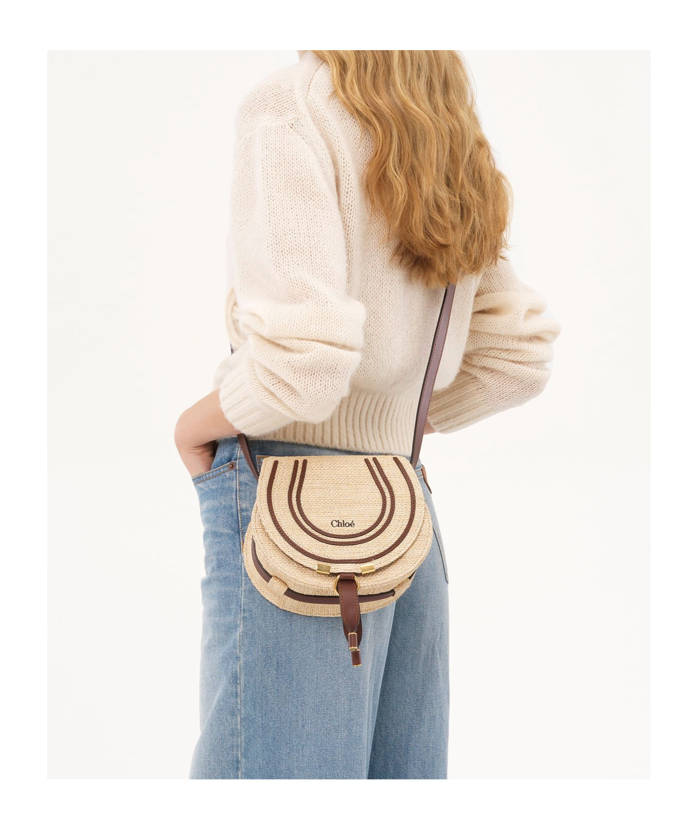 Chloé Small Saddle Marcie Bag In Raffia Effect In Nude