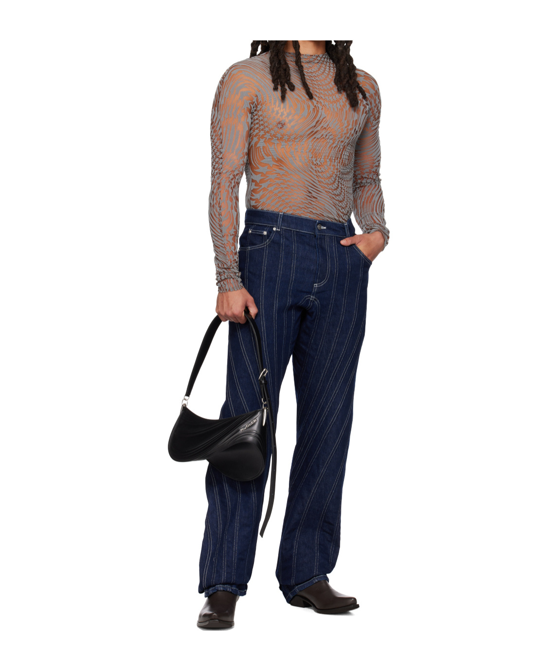 Mugler Star Mesh Long-sleeve Top In Gray
