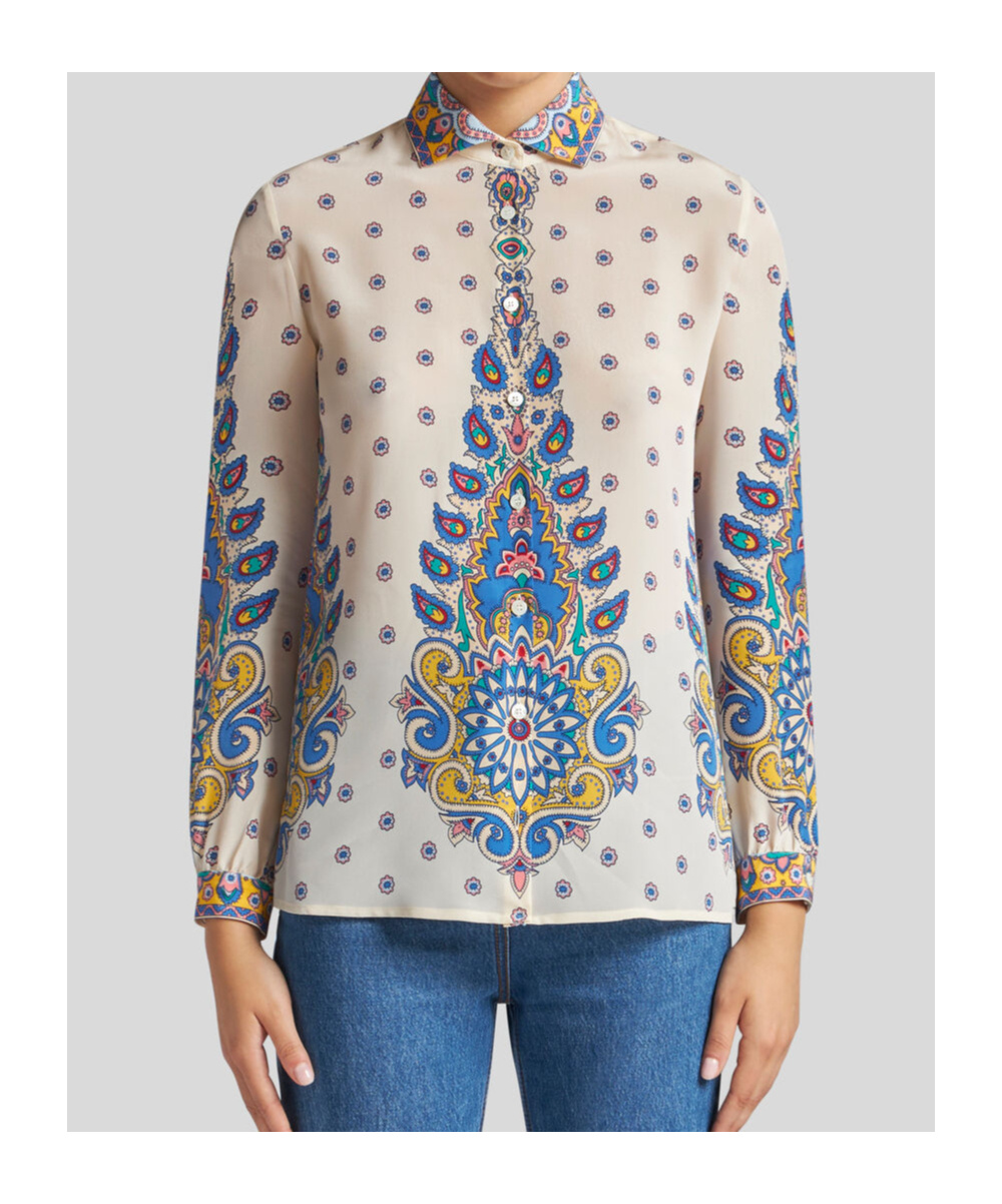 Etro Ivory Paisley Print Silk Twill Shirt In White