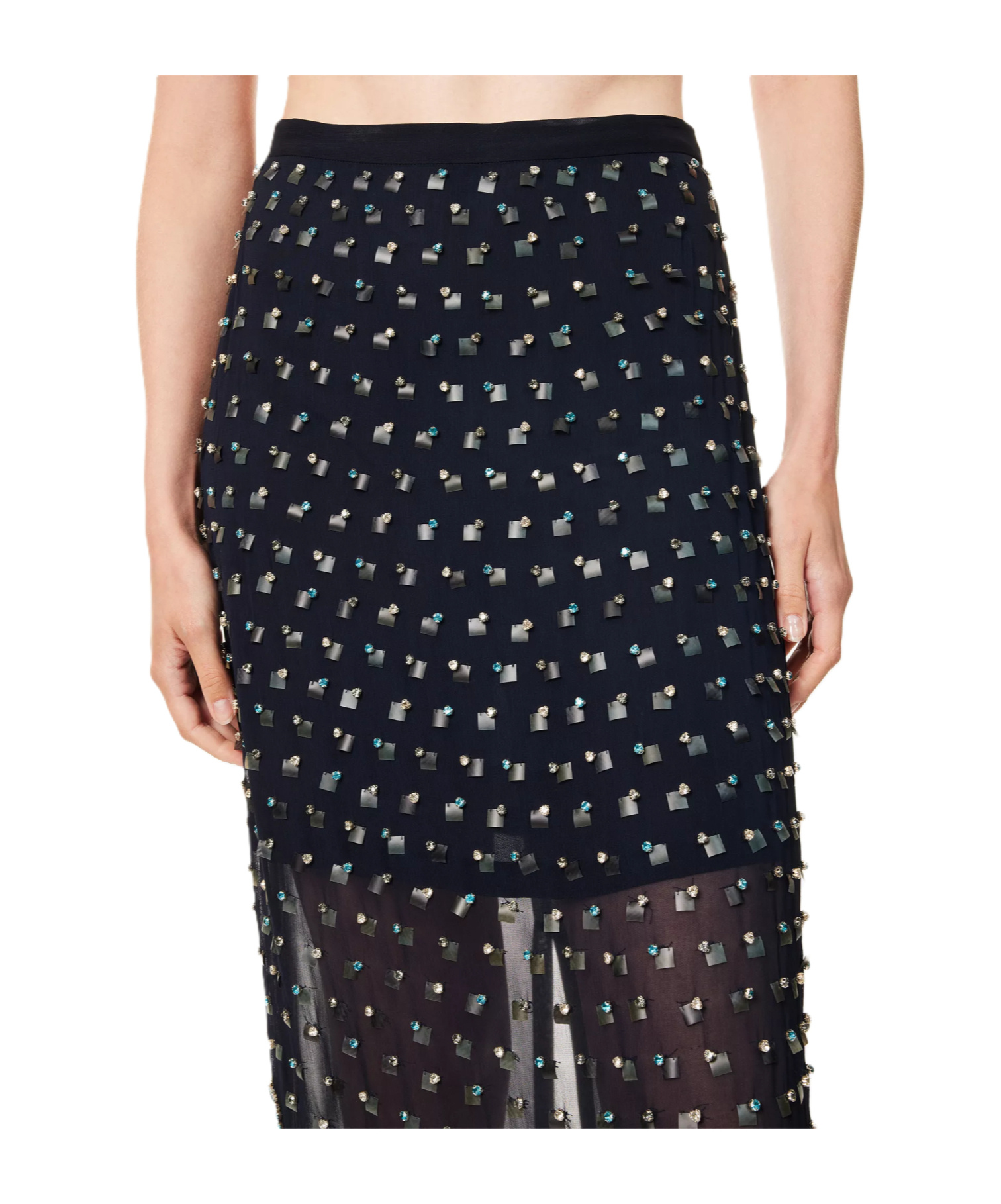 Dries Van Noten Women Blue Georgette Jewel Embellished Midi Skirt In Black