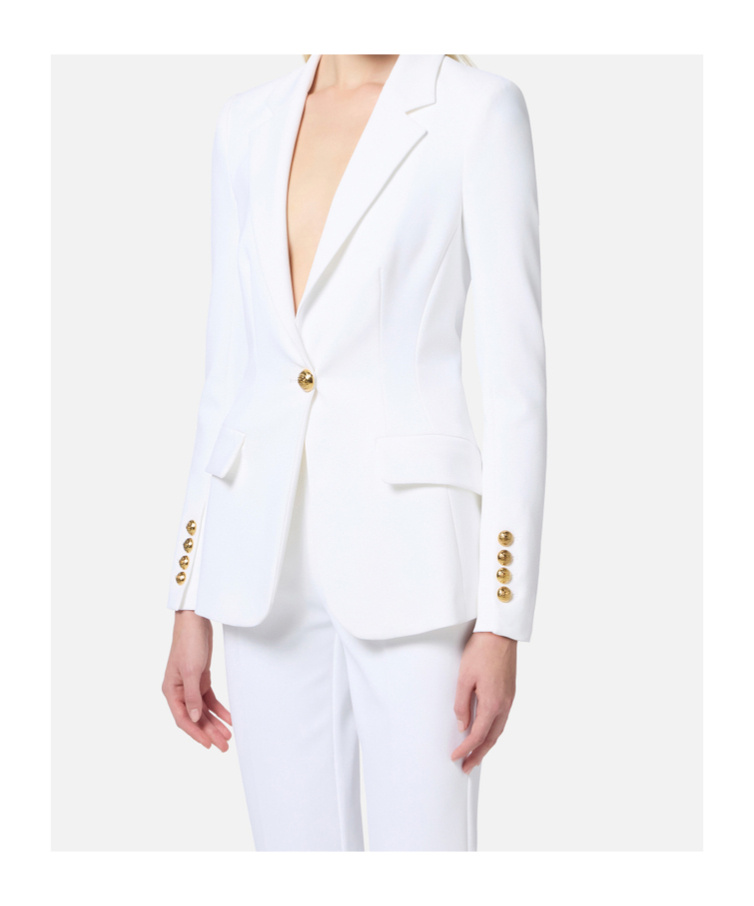 Elisabetta Franchi Cropped White Suit With Classic Blazer And Jewel Button In White