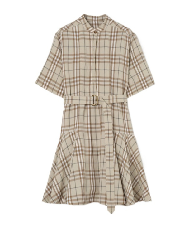Burberry Short-sleeve Check Linen-blend Belted Mini Shirtdress In Multi