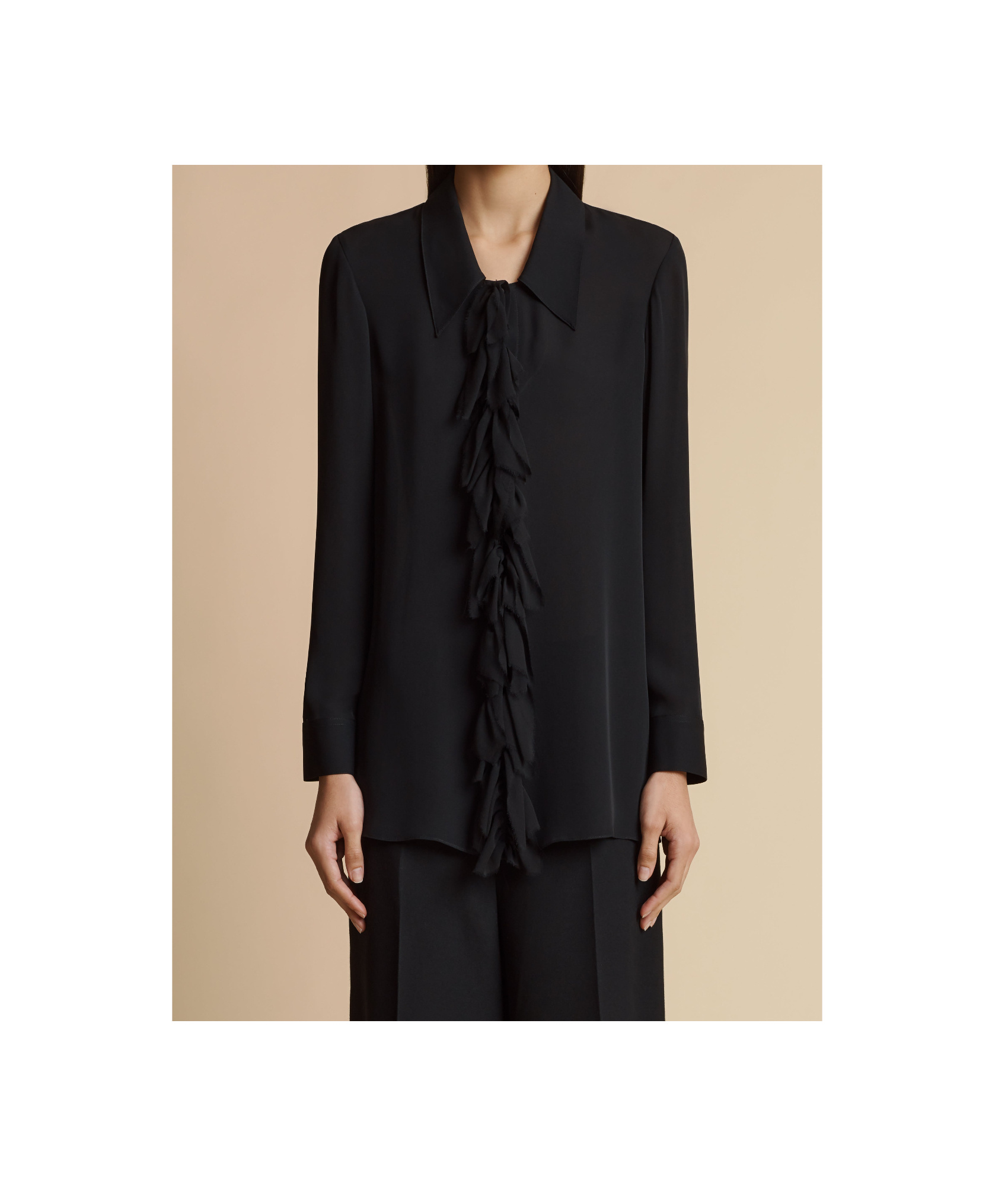 Khaite Ruffled Collared Sheer Fabric Long Sleeve Top In Black
