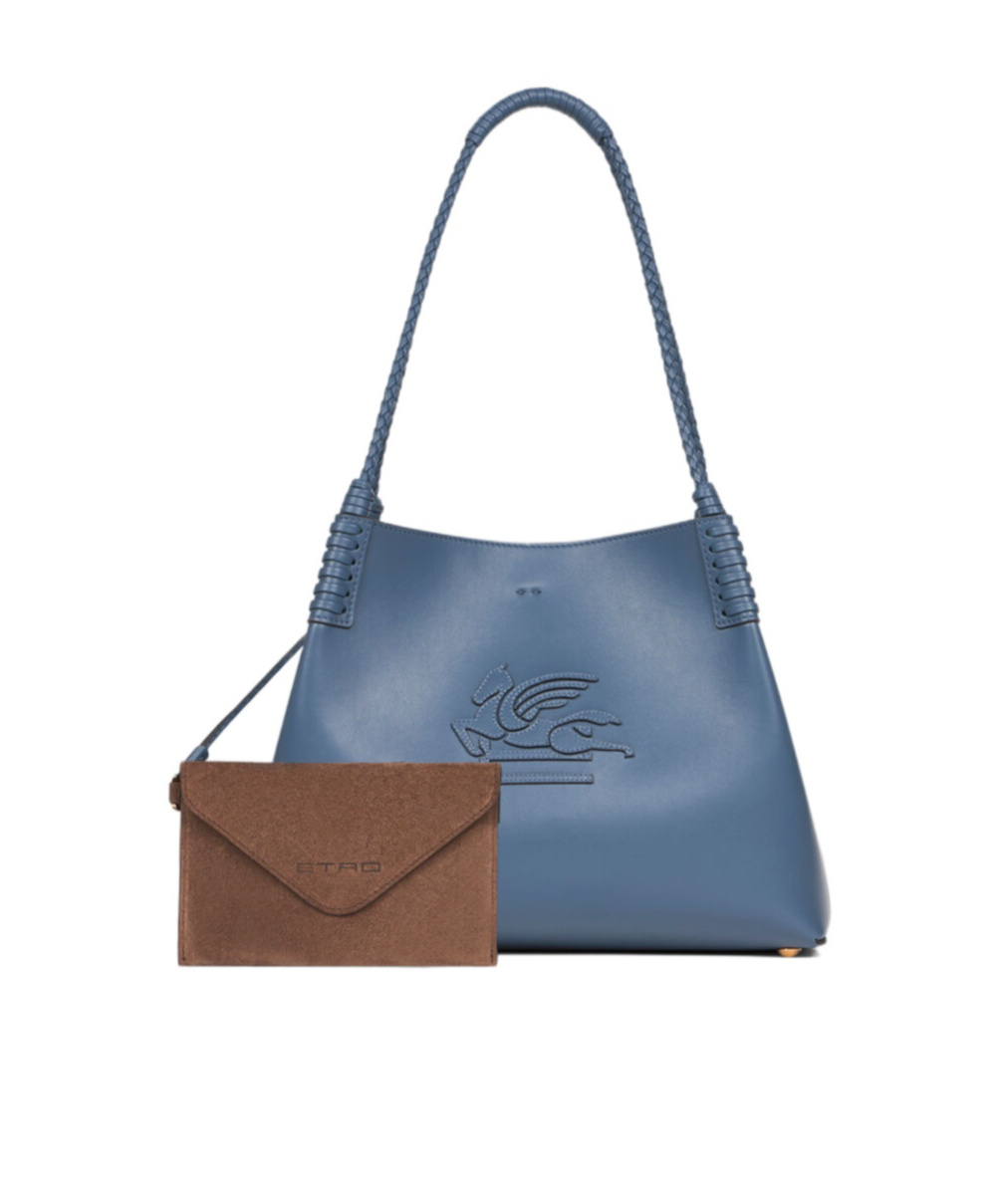 Etro Blue Calf Leather Shoulder Bag With Pegasus Emblem In Blue