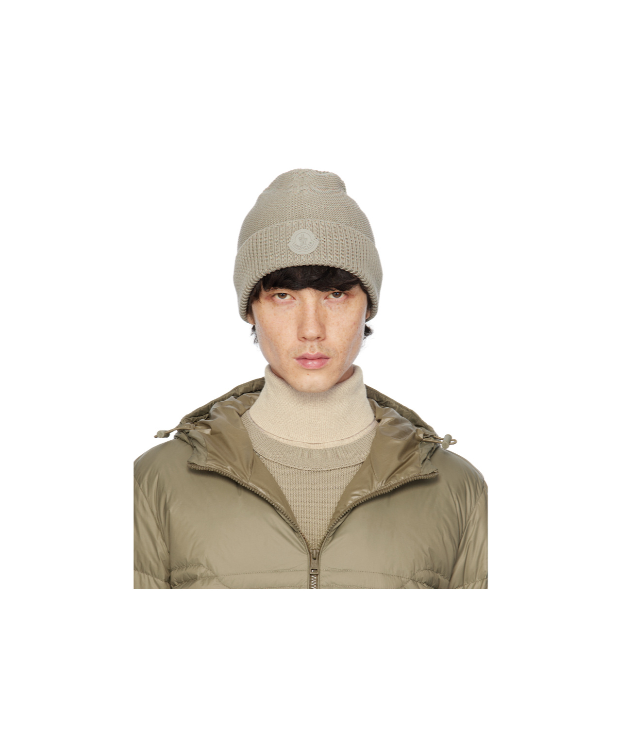Moncler Beige Logo Patch Beanie In Nude