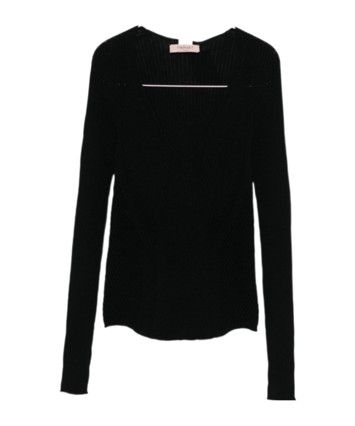 Twinset Fitted Black Ribbed Sweater With Deep V-neckline In Black