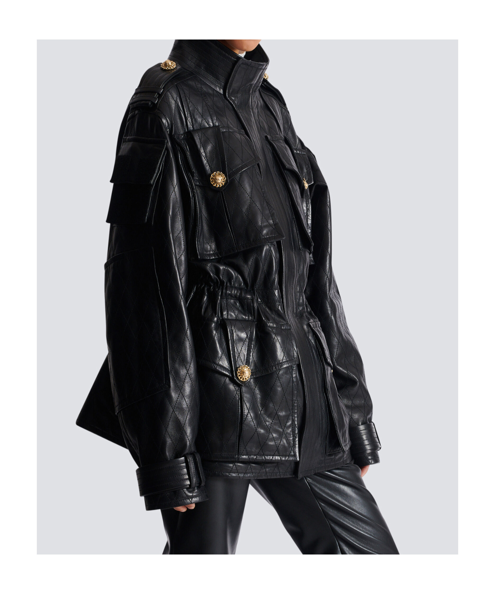Balmain Lambskin Leather Parka With Topstitched Diamond Pattern In Black