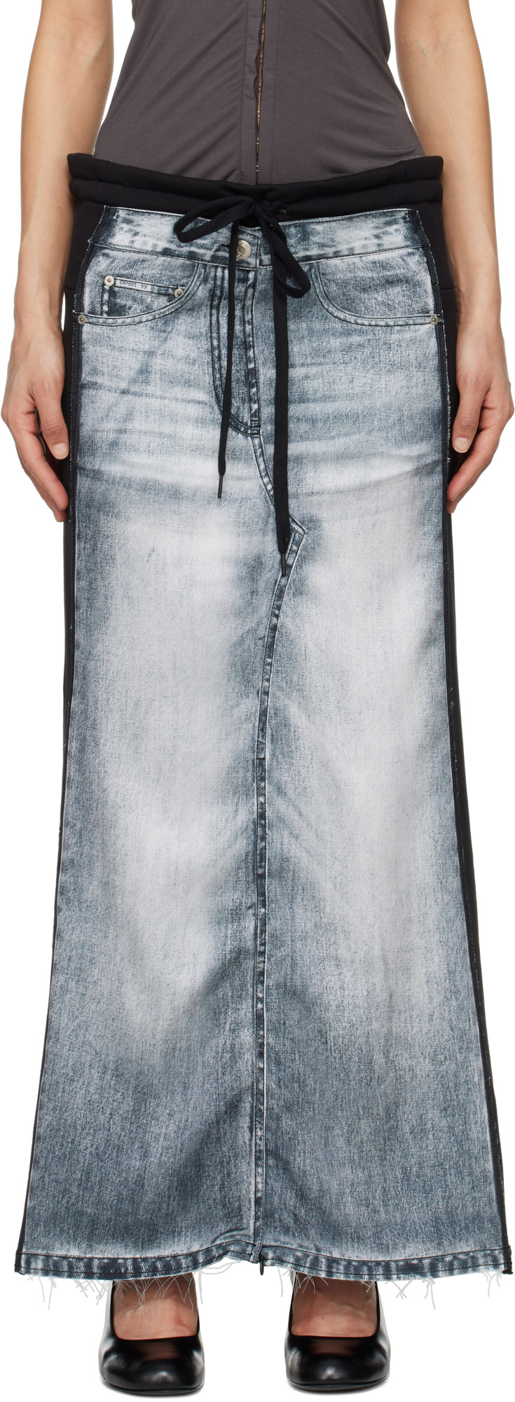 Open Yy Front Jean Effect Jersey Skirt In Gray
