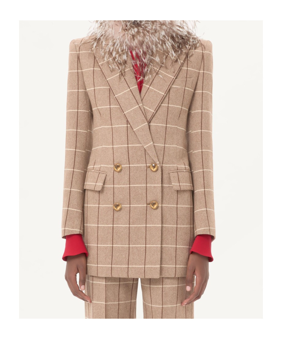Valentino Windowpane-check Double-breasted Blazer In Brown