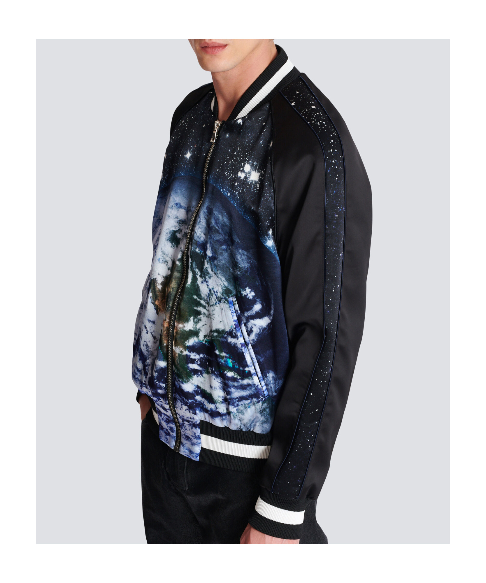 Balmain Logo Planet Zip-up Bomber Jacket In Black