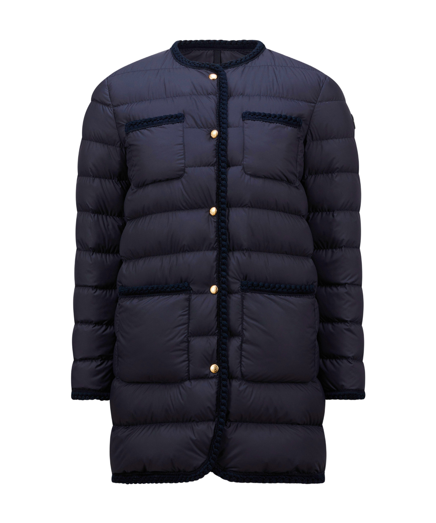 Moncler Gencaylong Woven Trimmed Long Down Jacket In Blue