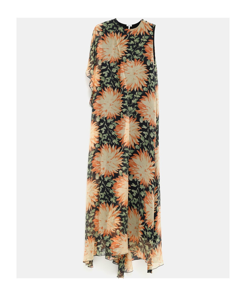 Loewe One-sleeve Asymmetric Floral-print Silk-crepon Dress In Nude