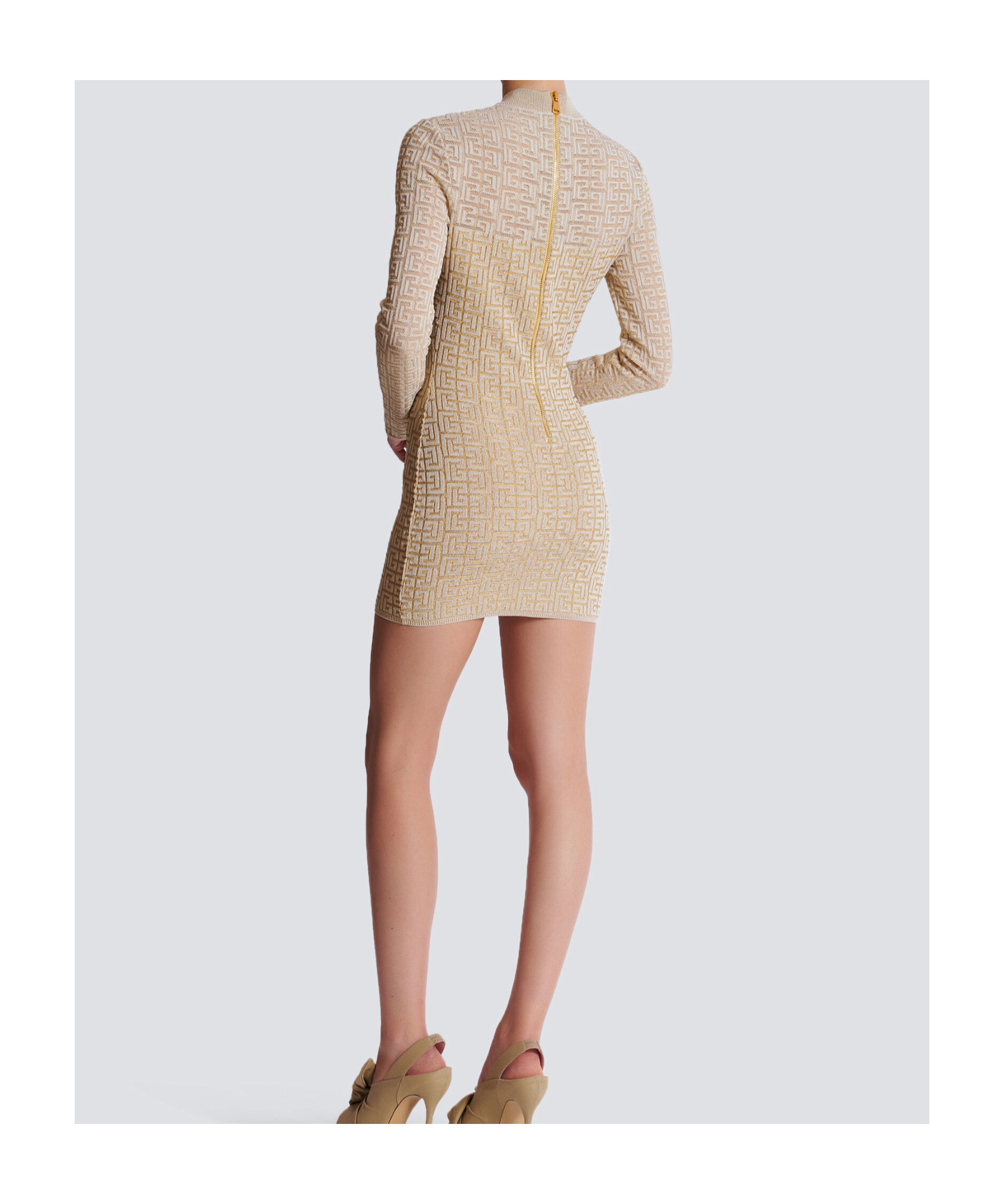 Balmain Labyrinth Monogram Long-sleeved Dress In Nude