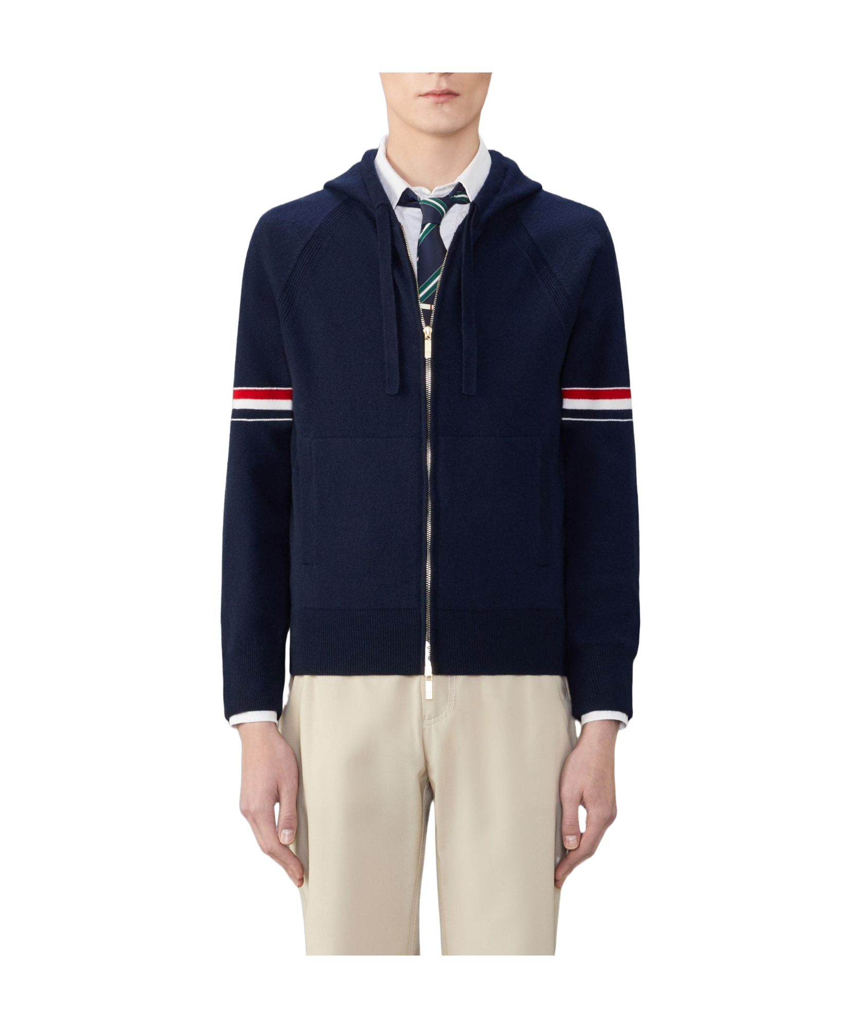 Thom Browne Zip-up Hoodie With Drawstring And Contrast Stripes In Black