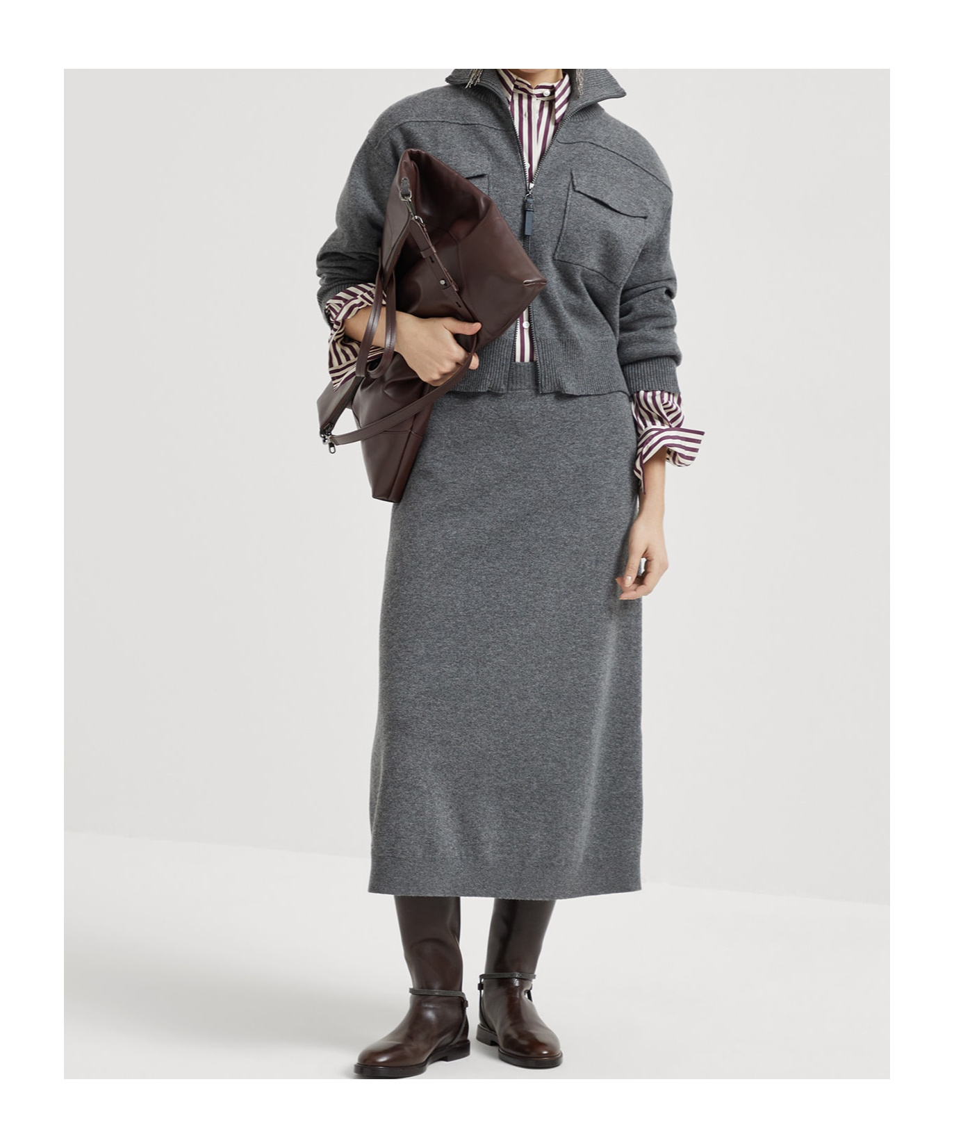 Brunello Cucinelli A-line Double Cashmere Midi Skirt In Gray