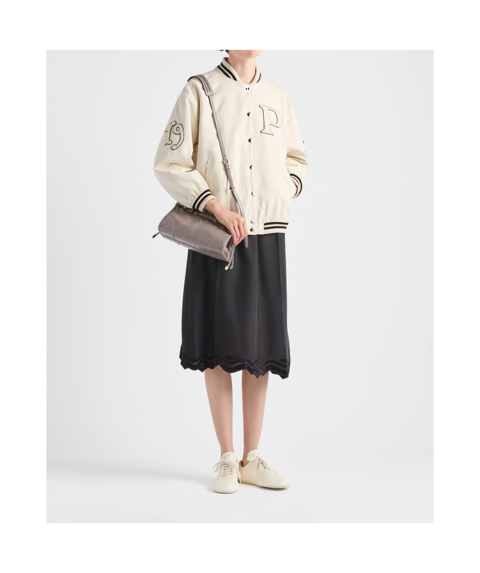 Shop Prada Canvas Bomber Jacket With Patches In Nude