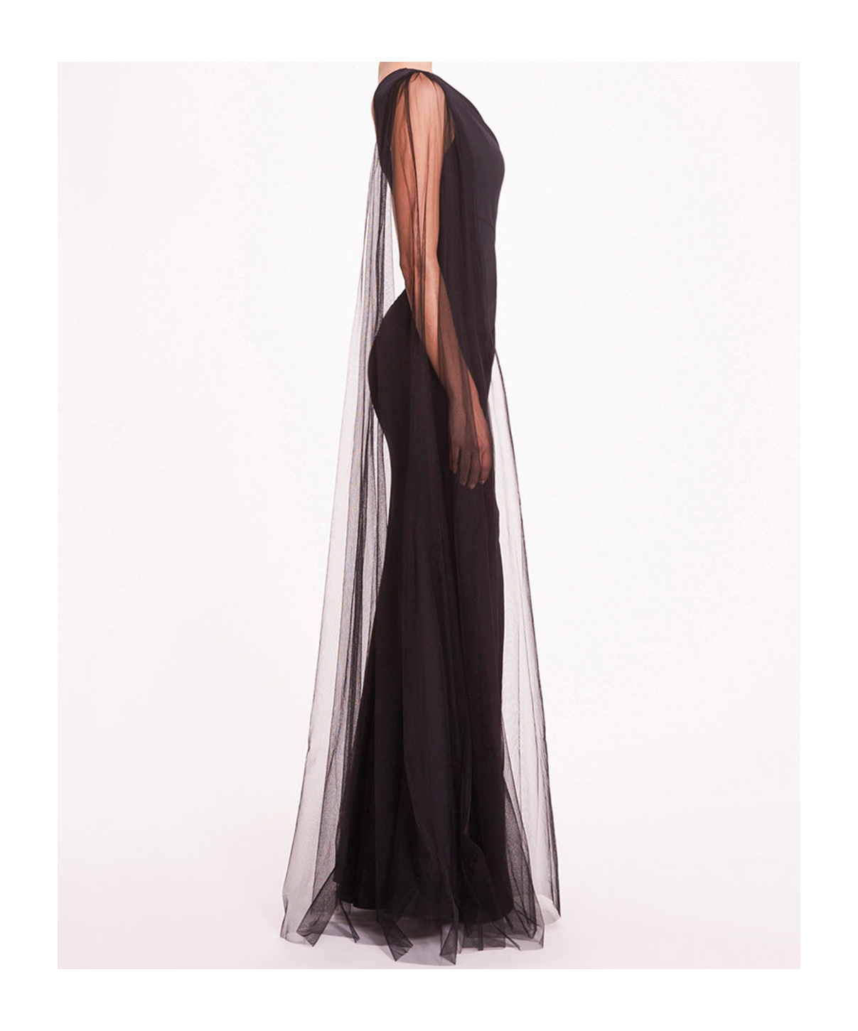 MARCHESA NOTTE ONE-SHOULDER CAPE GOWN