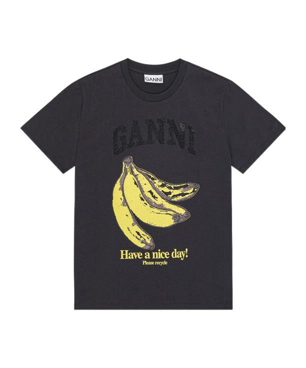 Ganni Crew-neck Cotton T-shirt With Banana Print In Gray