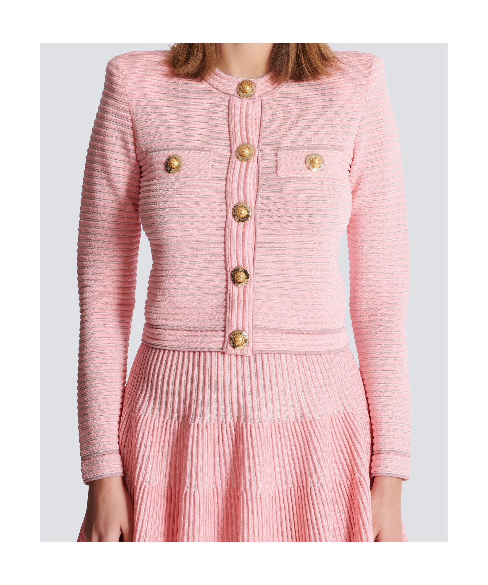 Balmain Long-sleeved Textured Knit Cardigan In Pink