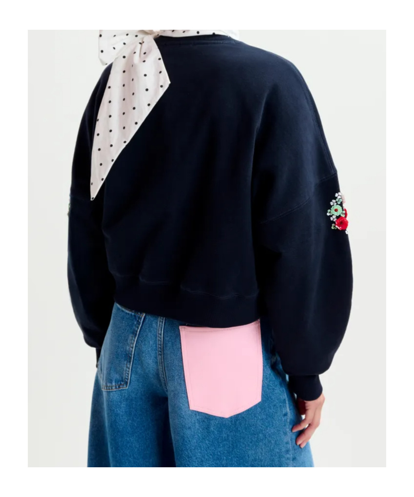 Essentiel Antwerp Navy And Multicolor Cotton Sweatshirt With Floral Sequin And Bead-embellished Embroideries In Black