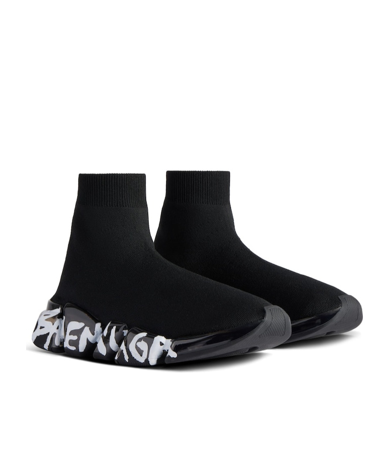 Shop Balenciaga Men's Speed 2.0 Full Clear Sole Graffiti Recycled Knit Sneaker In Black/white